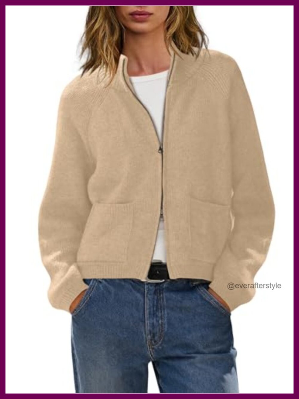 Women's Cable Knit Zip Up Cardigan Sweater with Pockets Ribbed Knit